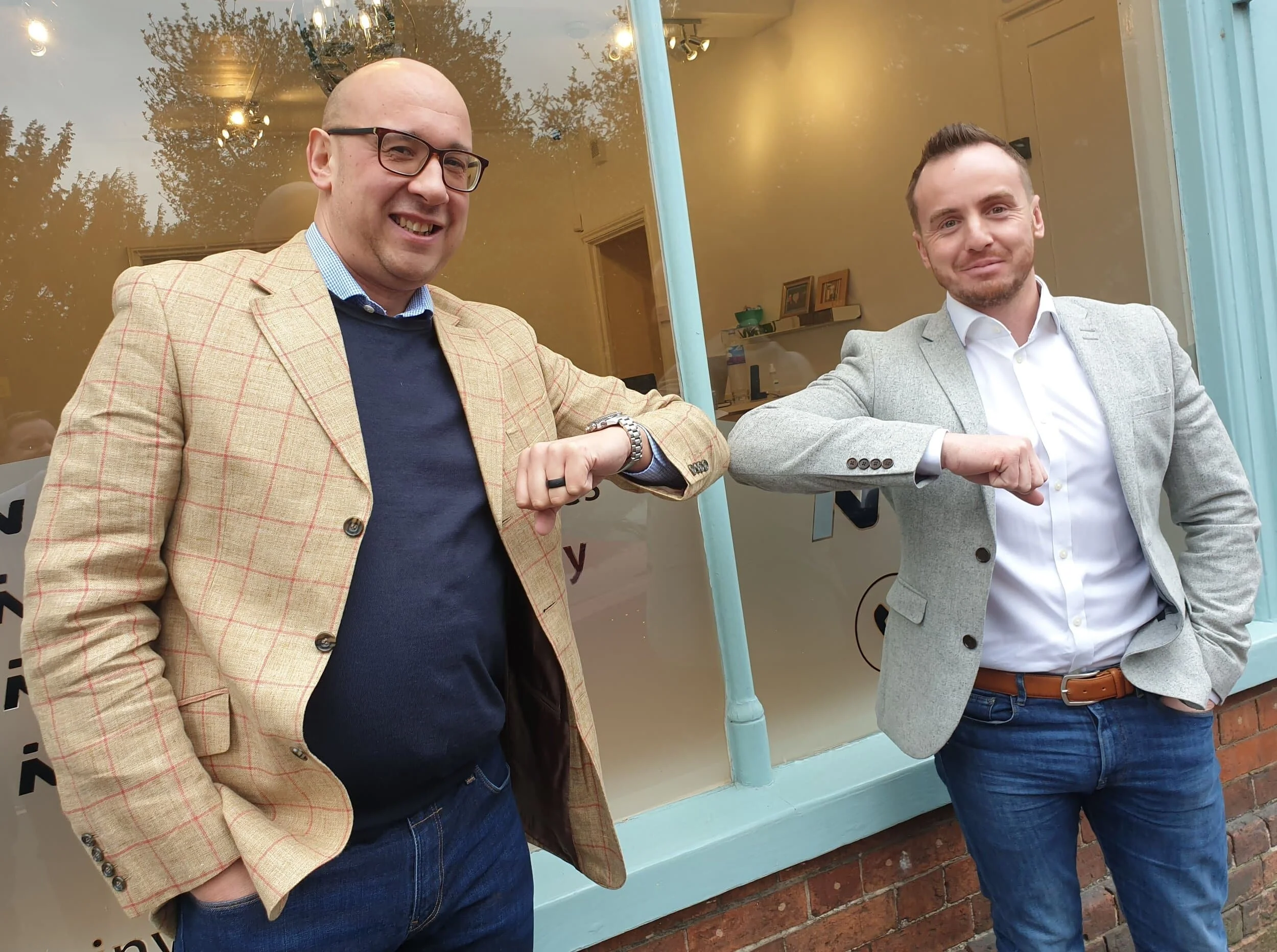 Neil Baumber (left) is given a coronavirus-compliant welcome by Invictus Group managing director Jonny McPhee (right) after he was appointed as the company’s new sales director.