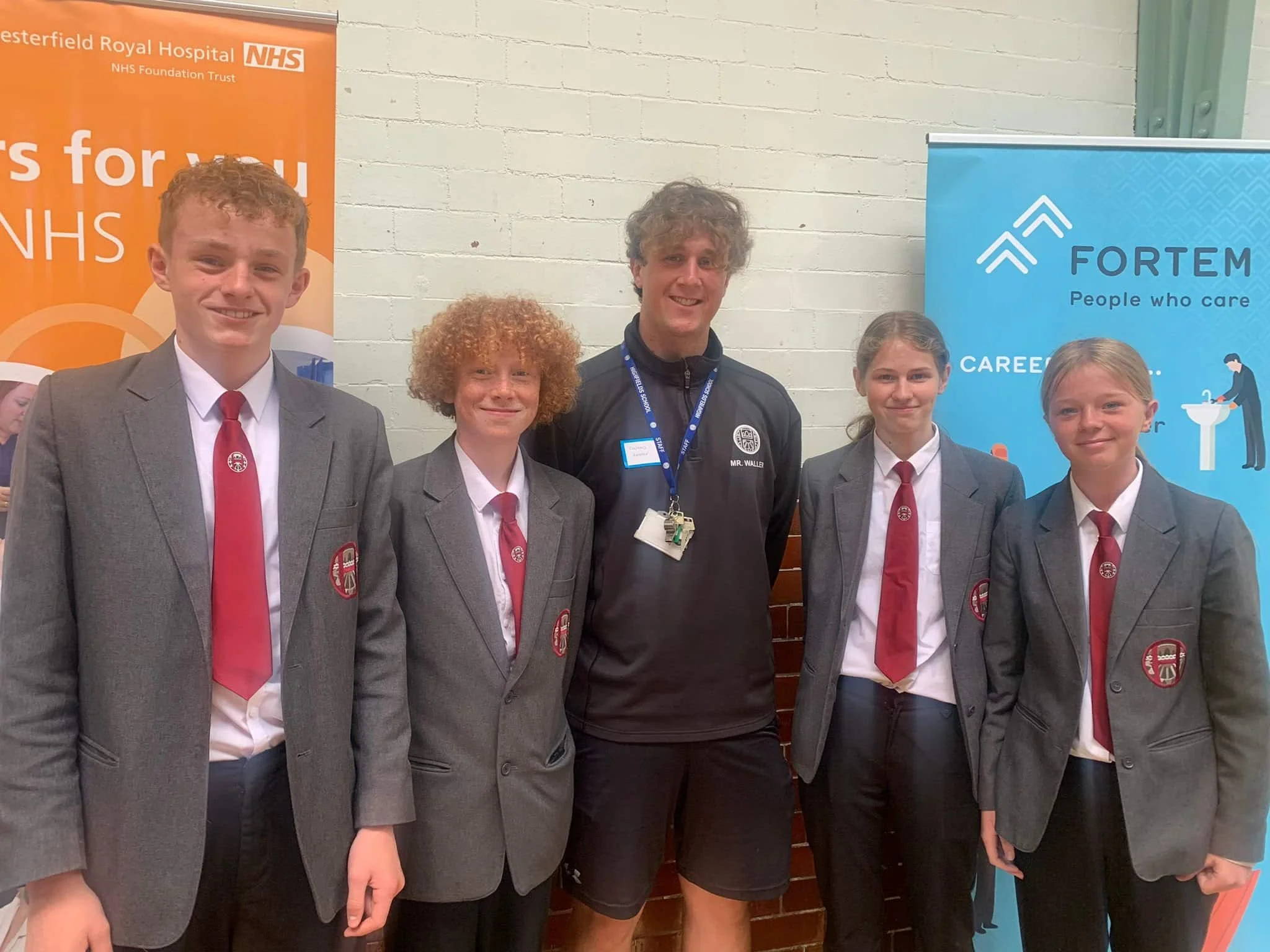 pupils from Highfields School: (left to right)Harry Watson, Jacob Amos, Jamie Waller – PE teacher and careers lead at Highfields School – Keeley Greaves and Taylah Charlton