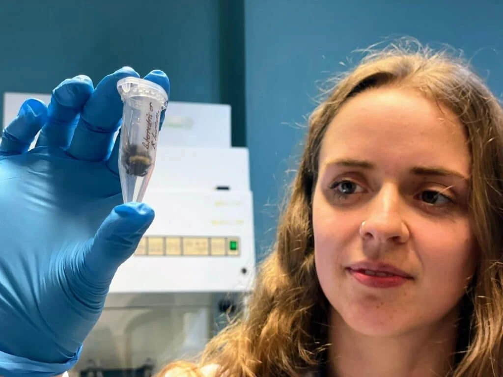 Chelsea Warner holding Bee specimen