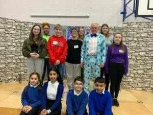 Professor Steve Peters with pupils from pupils from Hardwick Primary School and Derby Cathedral School