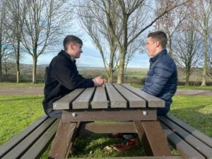 Students James Beeston (left) and Nathan Sawyer of science firm Lubrizol have been learning about mental health first aid