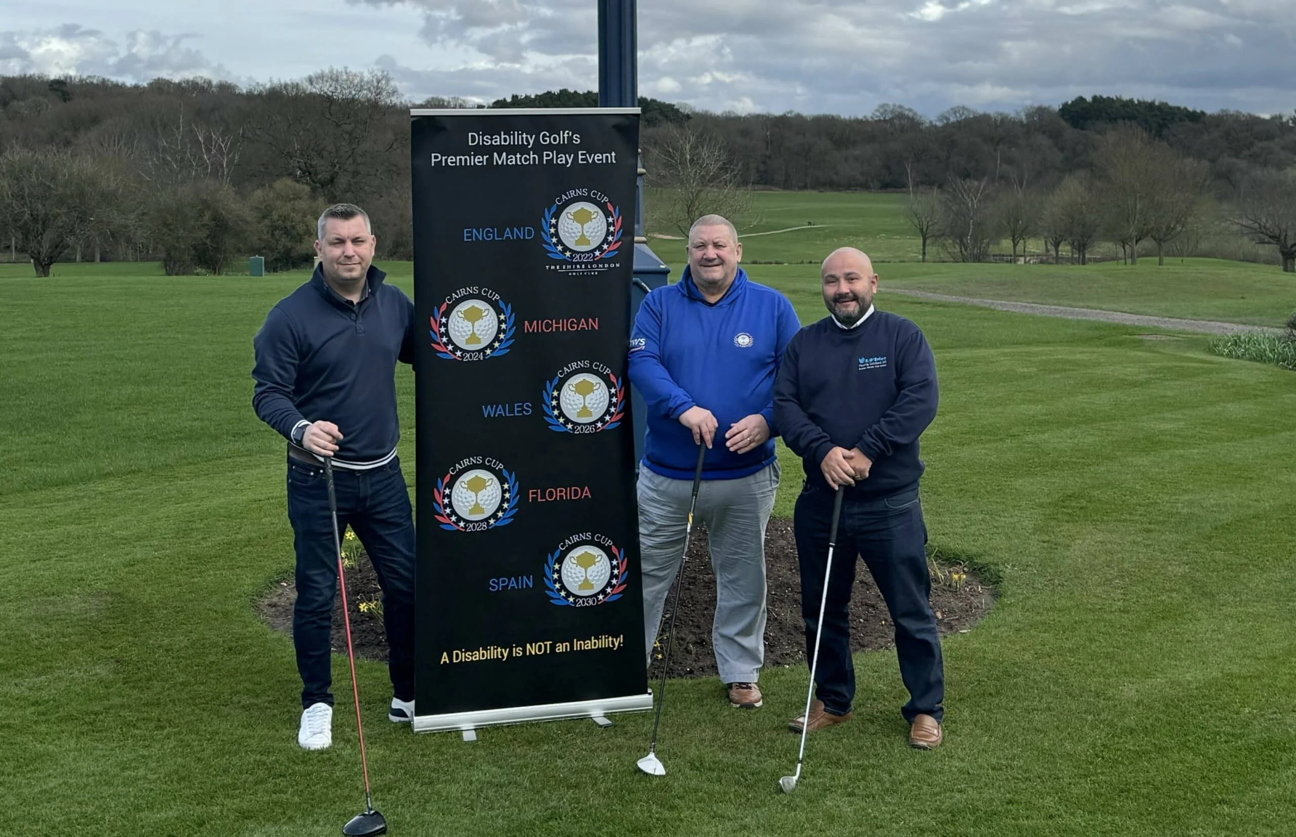 From left, Matt Wheatcroft, managing director of Derbyshire marketing agency Purpose Media, Kevin Booth, vice-president of the Cairns Cup matchplay event European team and Stephen O’Brien, managing director of S O’Brien Heating.