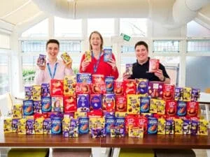 Nathan Sawyer, Charlotte Hyman and Gareth Hickinbotham from Lubrizol with the company’s Easter eggs