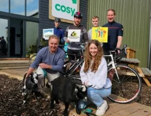 Tiago Fougo, Jake Beresford, Finlay Riggott, David Hook, Peter Ellse and Lucy Hilton, with Cosy’s pet goats Birgitte and Richard, named after the Duke and Duchess of Gloucester