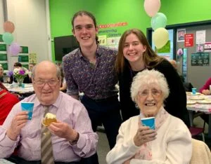 Pearl and Brian Foster, both 87, with Will Hulse and Cerys Hills 