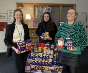 Hannah McAliskey and Sinead Quinn from Lubrizol with Carly Tordoff, family support team leader from Forget Me Not Hospice