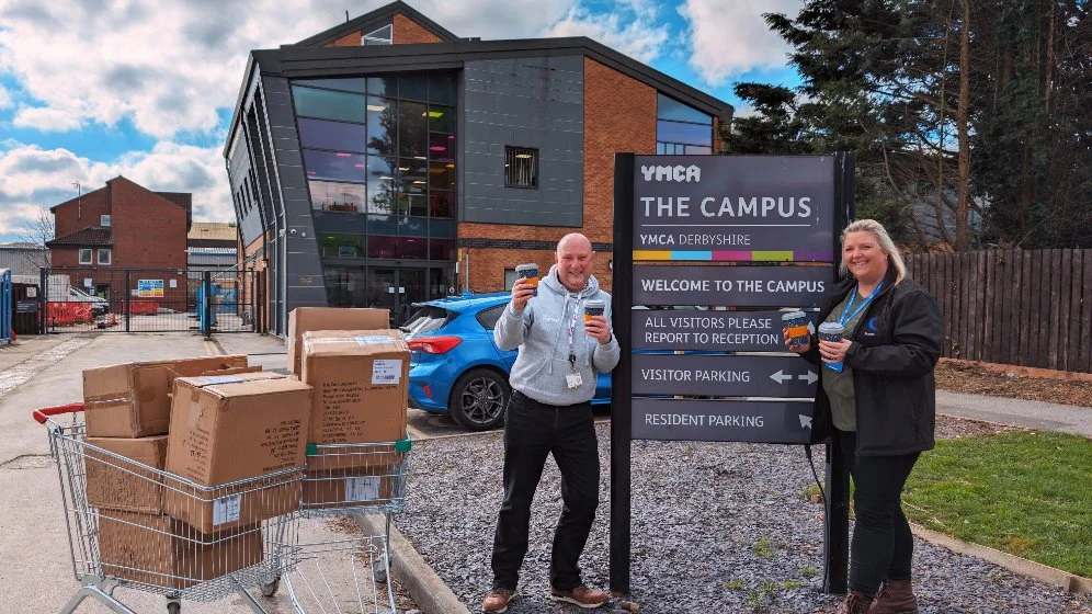 YMCA’s Paul Taylor and Lucy Laughton, from Barron McCann, with the bamboo cups