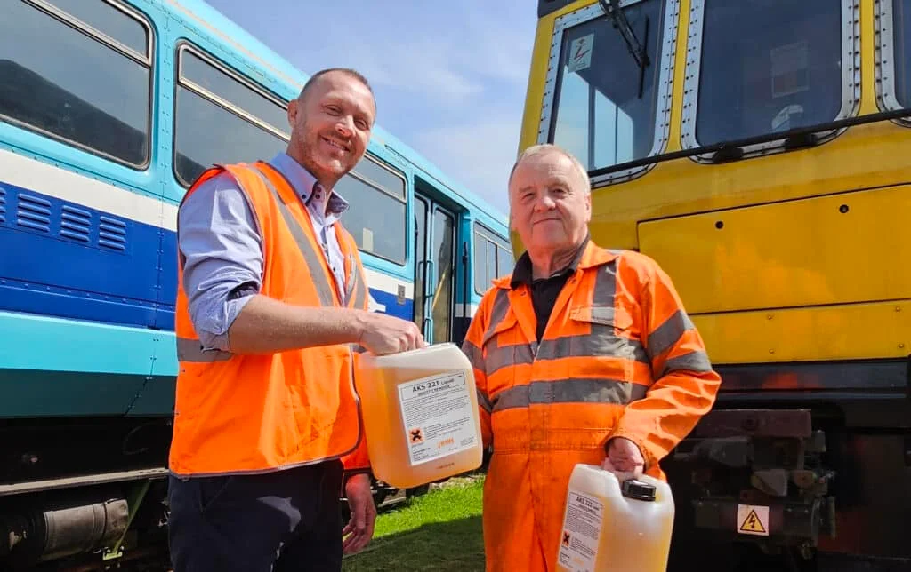 Matt Forst, managing director of MTMS, left, hands over graffiti cleaner to Evan Green-Hughes, chairman of the operating committee for The Midland Railway Butterley, a heritage railway trust near Ripley in Derbyshire.