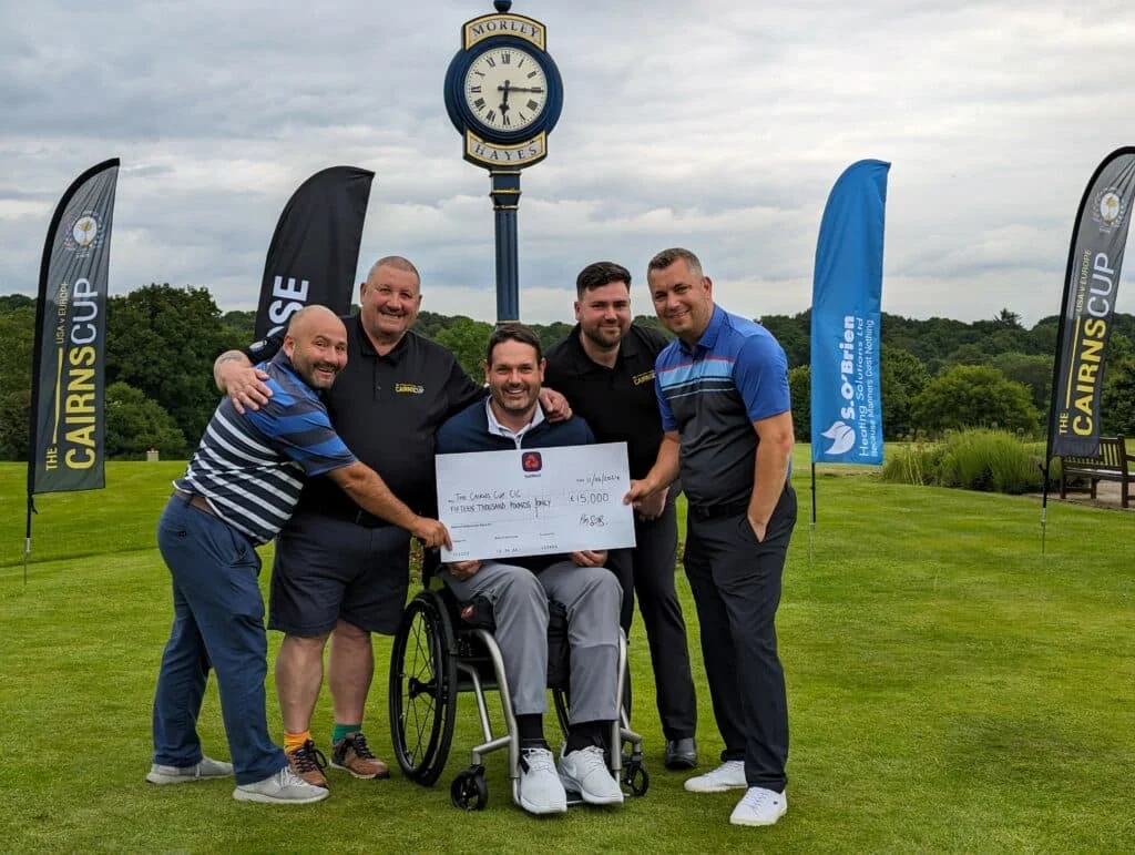 Stephen O’Brien, managing director of S O’Brien Heating Solutions, Kevin Booth, vice-president of the Cairns Cup matchplay event European team, Cairns Cup vice-captain Kris Aves, golfer James Gallagher and Matt Wheatcroft, managing director of marketing agency Purpose Media.