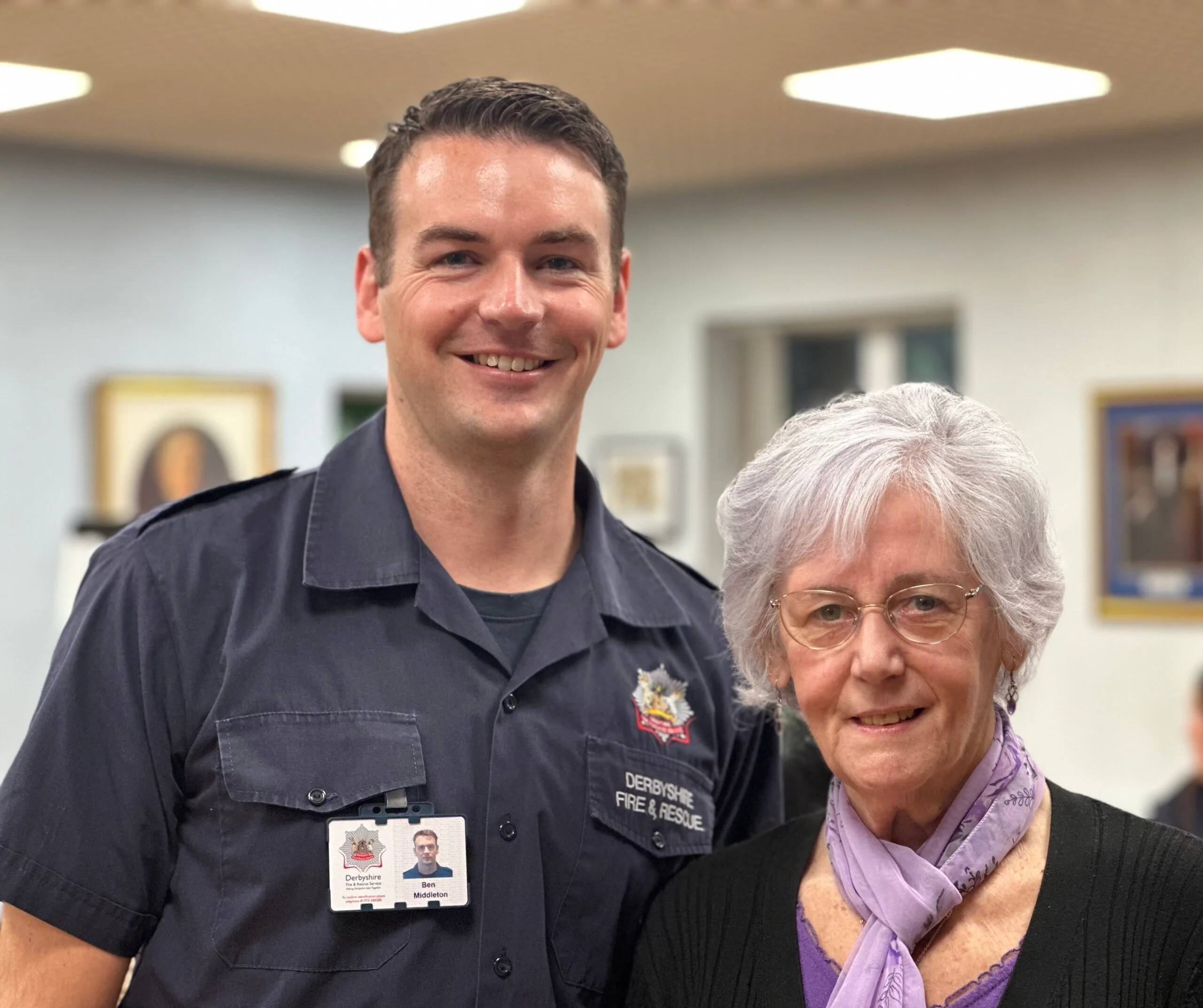 Firefighter Ben Middleton with deaf RTA victim June Carol Lush