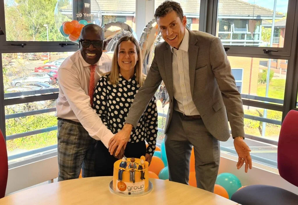 From left, directors David Roberts, Leanne Mordue and Will Williamson celebrate the 20th anniversary of Derby digital marketing agency JDR Group, the company they set up together in 2004.