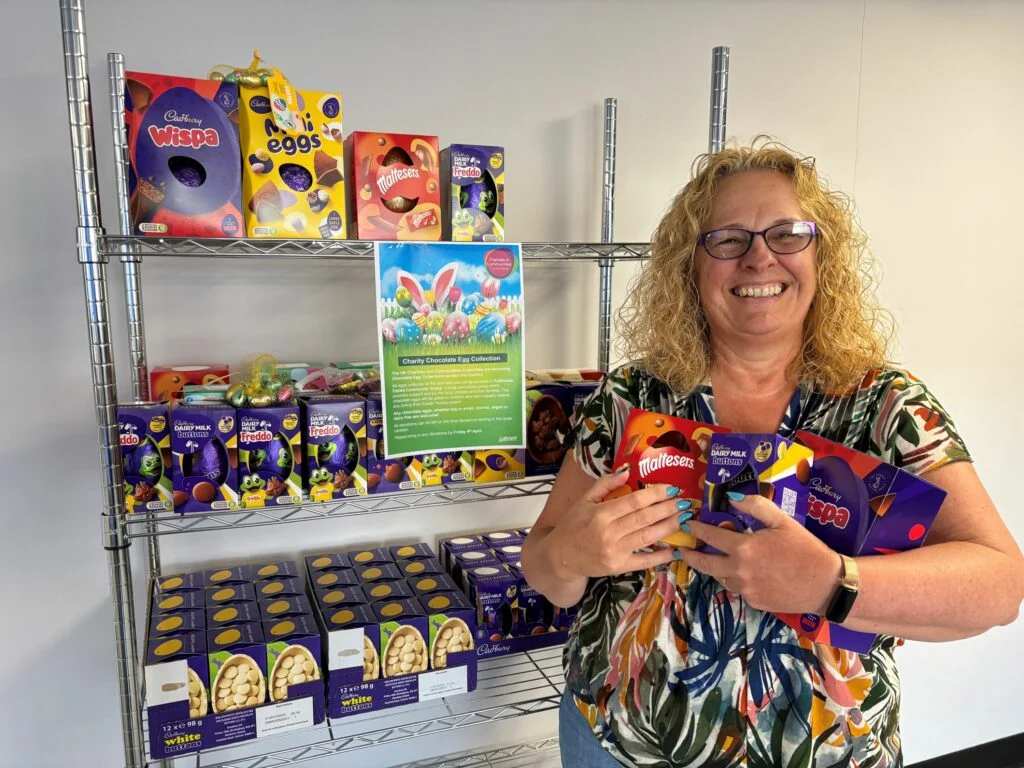 Alison Young with Easter eggs at Lubrizol in Barnsley