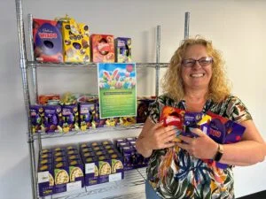 Alison Young with Easter eggs at Lubrizol in Barnsley