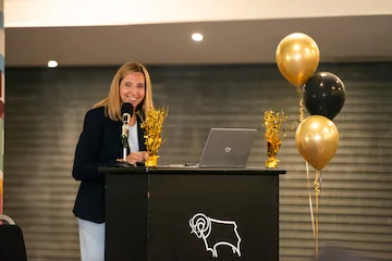Murray Park headteacher Nicola Caley delievry a speech at the Pride Awards, held at Pride Park Stadium